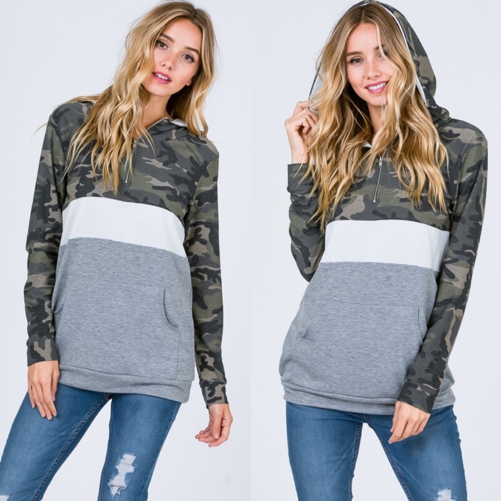 Camo color block pocket zipper green hoodie top - Picture 3 of 3
